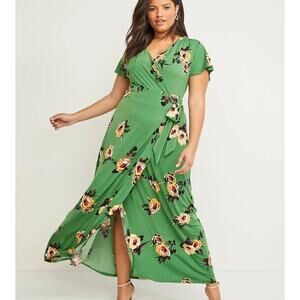 Lane Bryant Floral Maxi Wrap Dress Womens Size 18/20 Green Yellow Boho Beachy